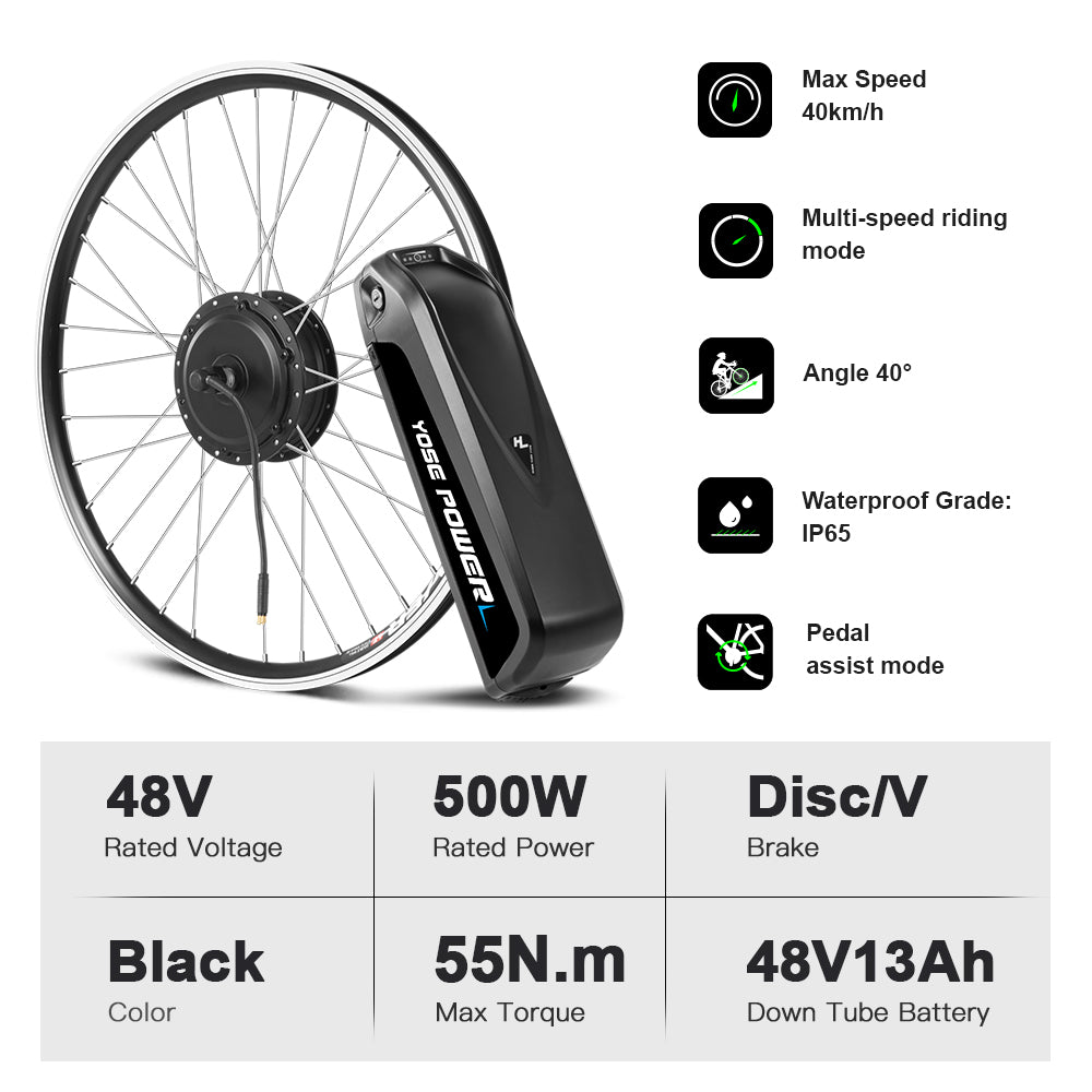 E-Bike Conversion Kit 48V 500W 26'' Front Motor with 48V13Ah Down Tube Lithium-ion Battery and Charger