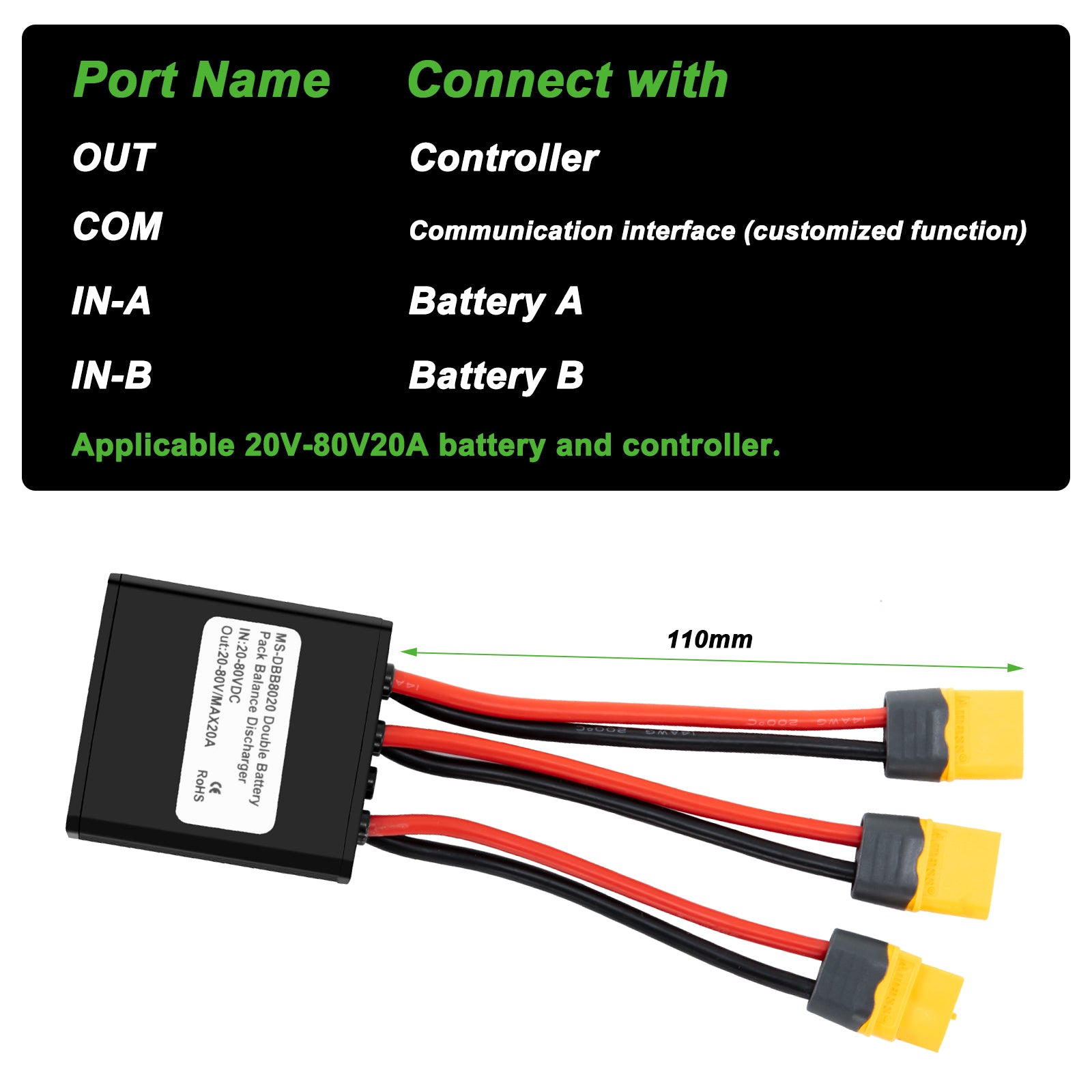 Dual Battery Parallel Module Adapter 20V‑80V20A Dual Accu Connector Adapter Increase Capacity