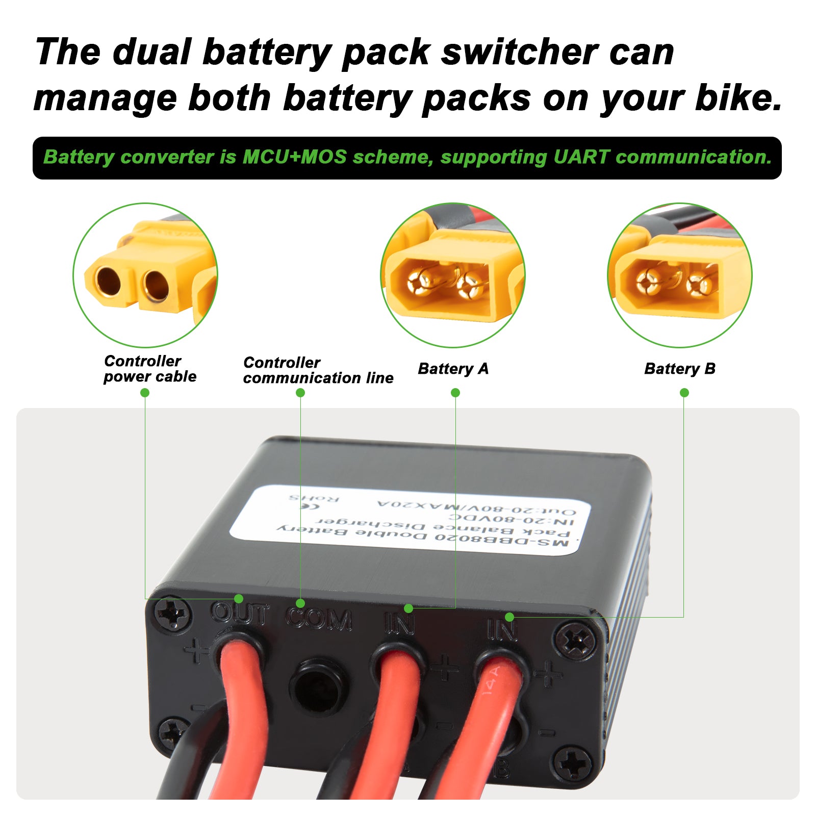 Dual Battery Parallel Module Adapter 20V‑80V20A Dual Accu Connector Adapter Increase Capacity