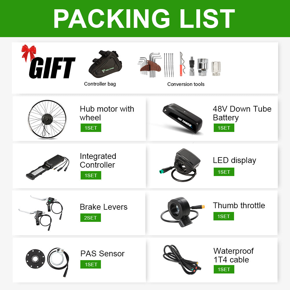 YOSE POWER Ebike Conversion Kit 48V 500W 26'' Rear Hub Motor Wheel and 48V13Ah Down Tube Li-ion Battery Conversion Kit DIY E-bike with Charger,LCD Rear motor with 26" wheel for cassette 48V500W Rear Motor, Installation Width=138mm, Diameter=166mm. Gearshift: Fit for Cassette Freewheel(8S/9S/10S) 12G black spokes with double wall 26" rim Max Speed: 40km/h M Brake:Disc/V Motor Cable:70cm W/O connector,Julet brand 48V 13Ah Battery x 1: