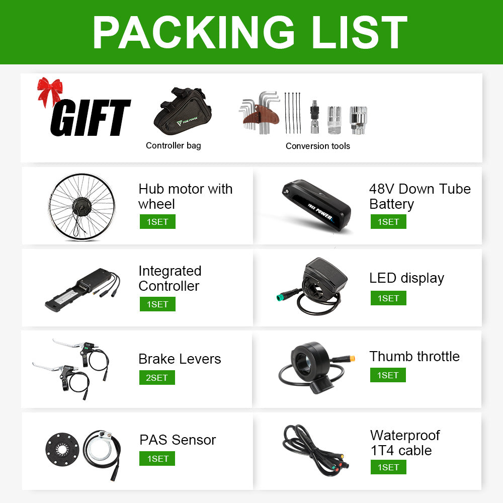YOSE POWER Ebike Conversion Kit 48V 500W 26'' Rear Hub Motor Wheel and 48V13Ah Down Tube Li-ion Battery Conversion Kit DIY E-bike with Charger,LCD Rear motor with 26" wheel for Freewheel x 1: 48V500W Rear Motor, Installation Width=138mm, Diameter=166mm. Gearshift: Fit for Screwed Freewheel(6S/7S/8S/9S) 12G black spokes with double wall 26" rim Max Speed: 40km/h Max Torque:67N.m Brake:Disc/V Motor Cable:70cm W/O connector,Julet brand 48V 13Ah Battery