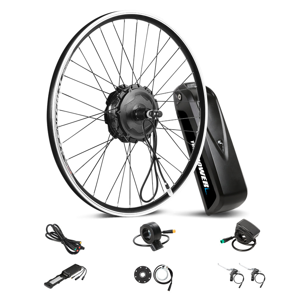 YOSE POWER Ebike Conversion Kit 48V 500W 26'' Rear Hub Motor Wheel and 48V13Ah Down Tube Li-ion Battery Conversion Kit DIY E-bike with Charger,LCD Rear motor with 26" wheel for cassette 48V500W Rear Motor, Installation Width=138mm, Diameter=166mm. Gearshift: Fit for Cassette Freewheel(8S/9S/10S) 12G black spokes with double wall 26" rim Max Speed: 40km/h M Brake:Disc/V Motor Cable:70cm W/O connector,Julet brand 48V 13Ah Battery x 1: