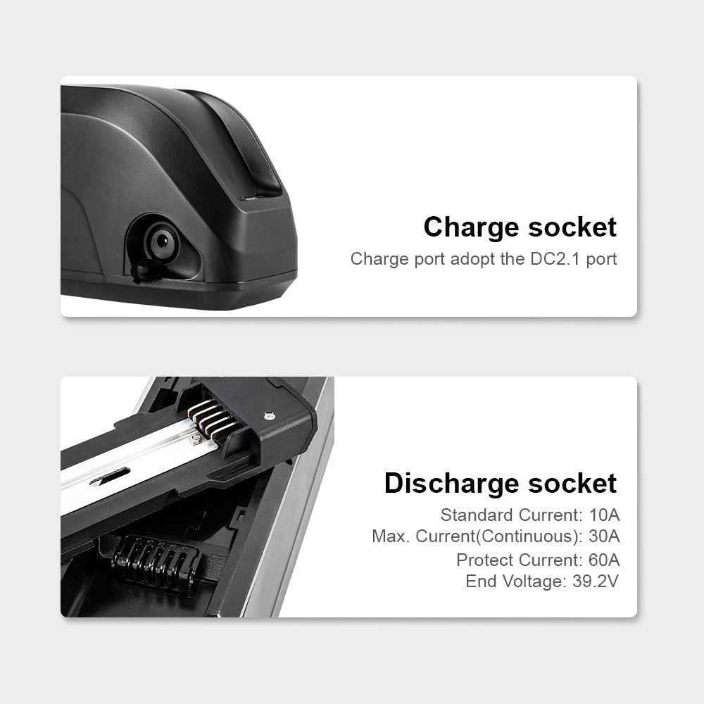 E-Bike Battery 52V 13Ah Li-ion Pedelec HaiLong G70 with 5 Pins Plug E-Bike Down Tube Battery for 52V 250W-1200W Motor Kit, with Chager,key,Discharger connector 1.Technical Data Voltage: 52V Capacity: 13Ah Energy: 673Wh Discharging plug: 5 Pins Weight(with holder): ca. 5.2kg Cell: EMEGC-26E Cycle Life(times): 1000+ Standard Current: 10A Max Current: 30A Protect Current: 60A End Voltage: 39.2V Charge Voltage: 58.8V Charge Current: 2A
