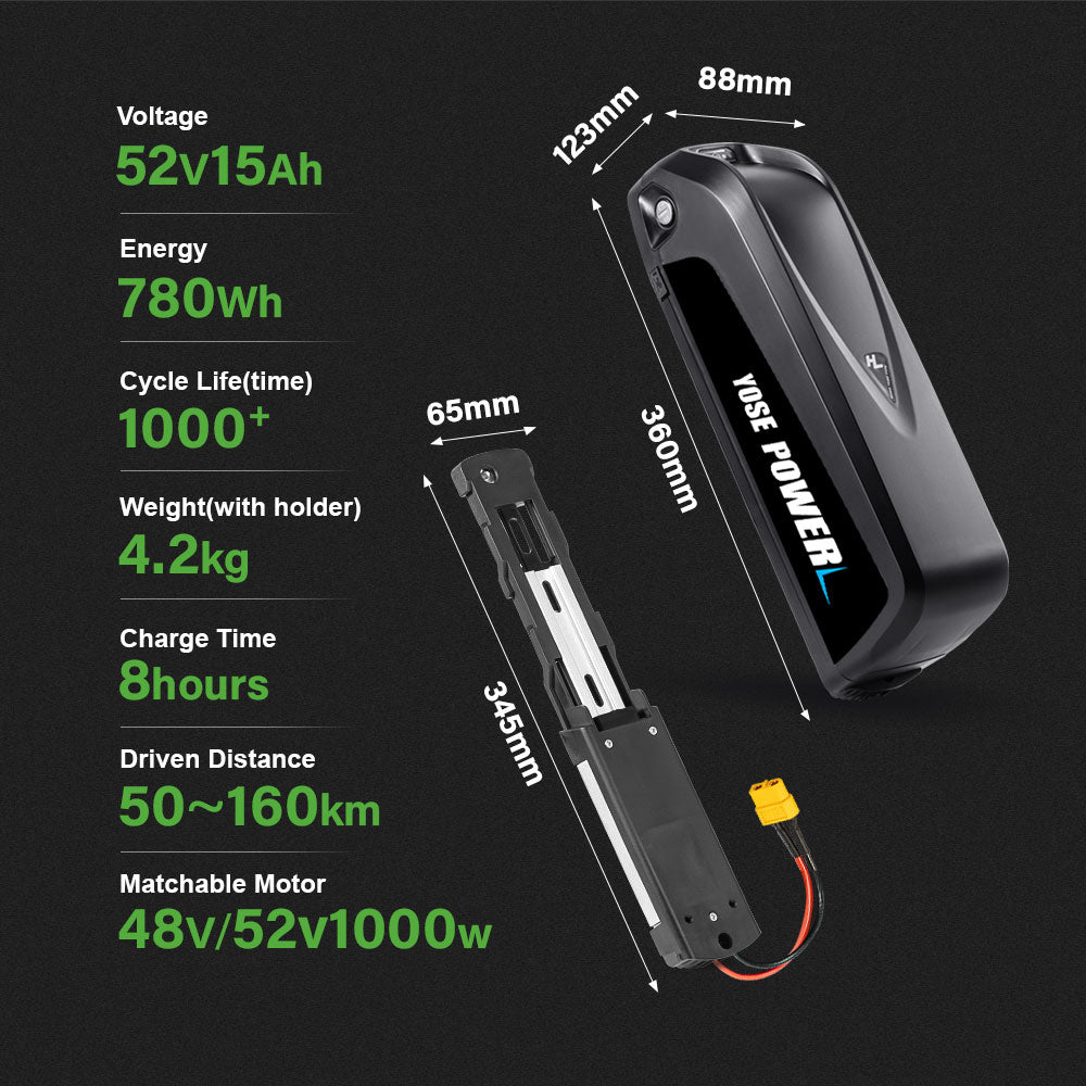 E-Bike Battery 52V 15Ah Li-ion Pedelec HaiLong G80 with 5 Pins Plug E-Bike Down Tube Battery for 52V 250W-1000W Motor Kit, with Chager,key,Discharger connector 1.Technical Data Voltage: 52V Capacity: 15Ah Energy: 780Wh Discharging plug: 5 Gold-plated round plug Weight(with holder): ca. 4.2kg Cell: Lishen-LR2170SD Cycle Life(times): 1000+ Max Current: 30A Protect Current: 60A End Voltage: 39.2V Charge Voltage: 58.8V Charge Current: 2A