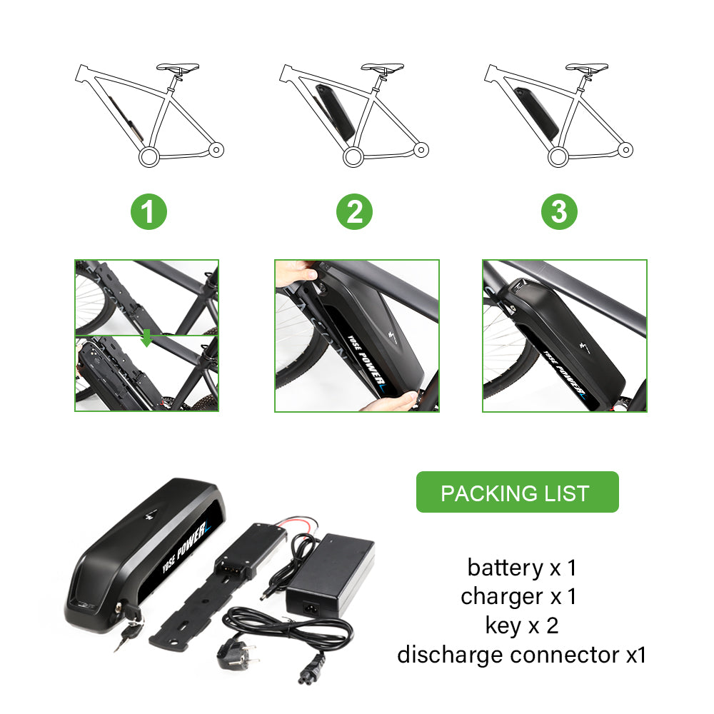 36V 13Ah Down Tube HaiLong 18650 Pedelec Lithium-ion Black Electric Bicycle Battery , 5 Gold-plated Round Plug,with Charger,Key,Discharger Connector