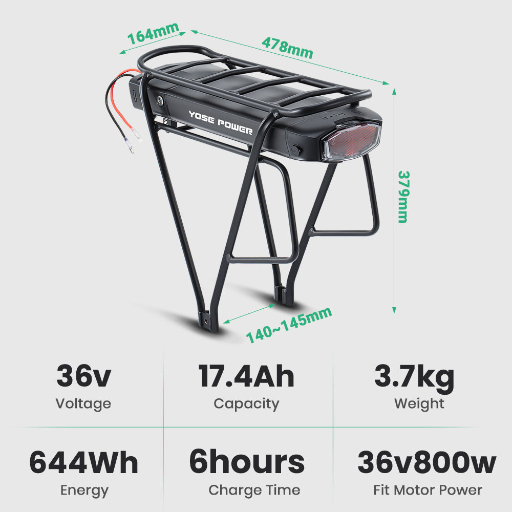 E-Bike Battery 36V 13Ah/17.4Ah Li-ion Battery Taillight with Rear Carrier for 26"-28" Bike with V-Brake and Disc Brake
