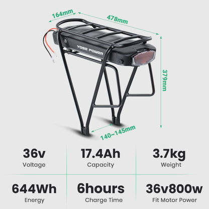 E-Bike Battery 36V 13Ah/17.4Ah Li-ion Battery Taillight with Rear Carrier for 26"-28" Bike with V-Brake and Disc Brake