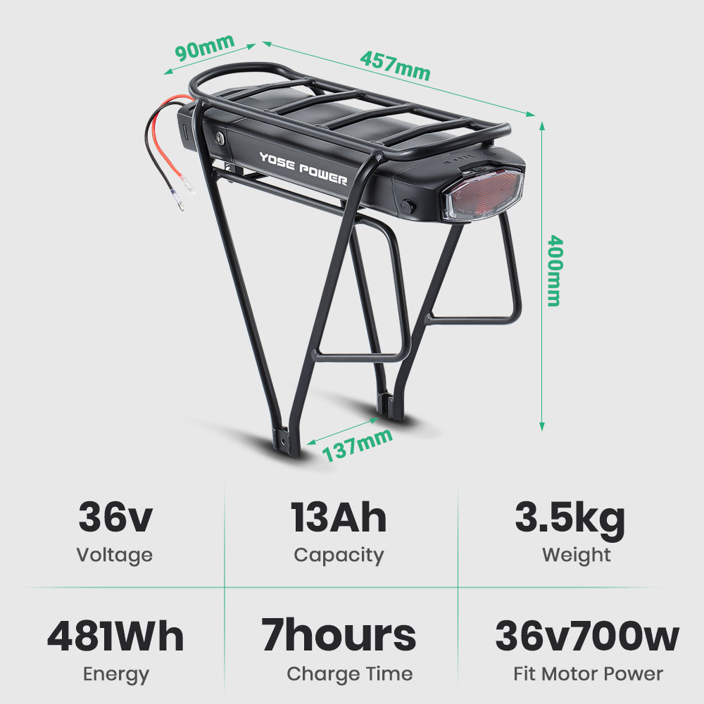E-Bike Battery 36V 13Ah/17.4Ah Li-ion Battery Taillight with Rear Carrier for 26"-28" Bike with V-Brake and Disc Brake