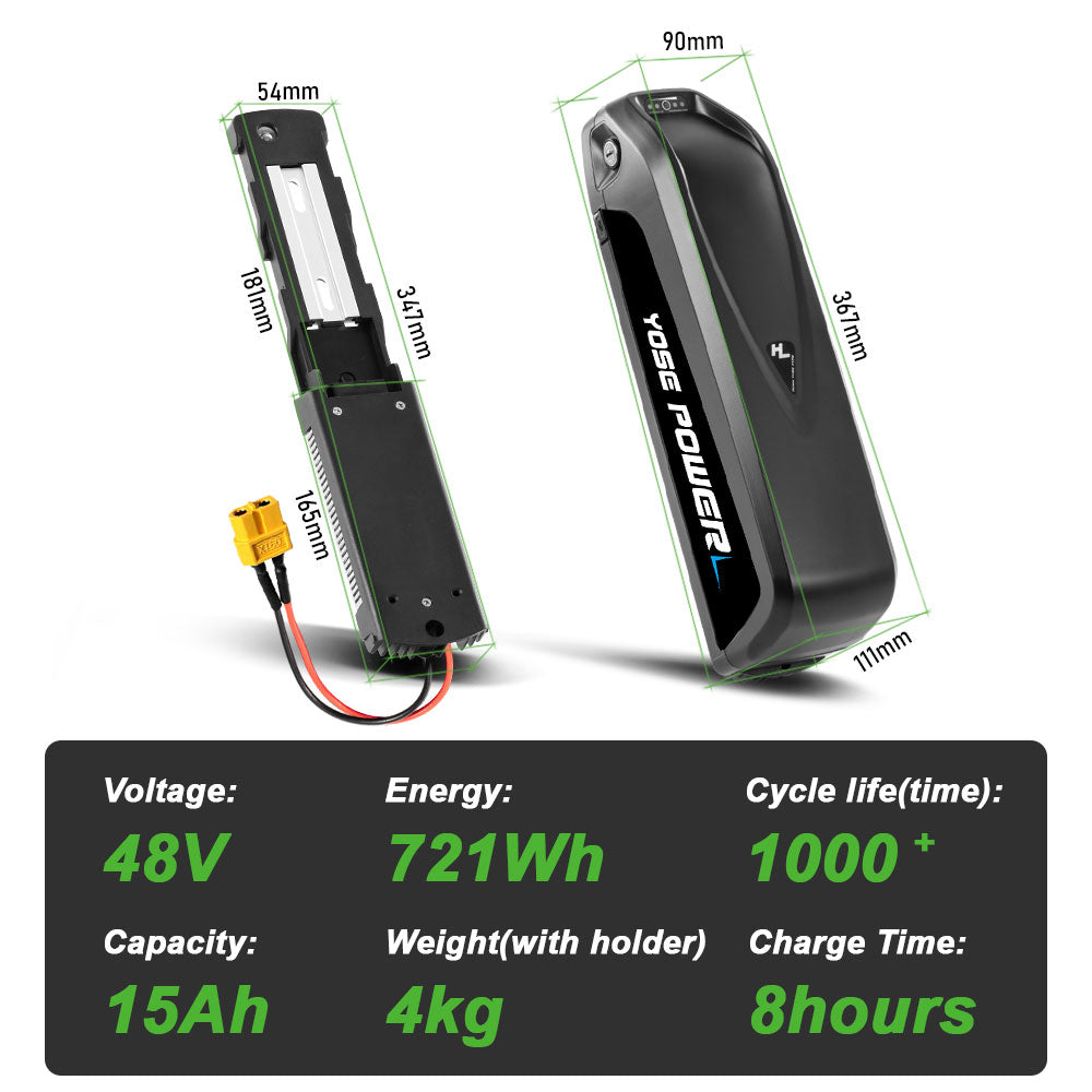 E-Bike Battery 48V 13Ah/15Ah Down Tube 18650 Pedelec Lithium Battery for 250W-750W Motor with USB Port