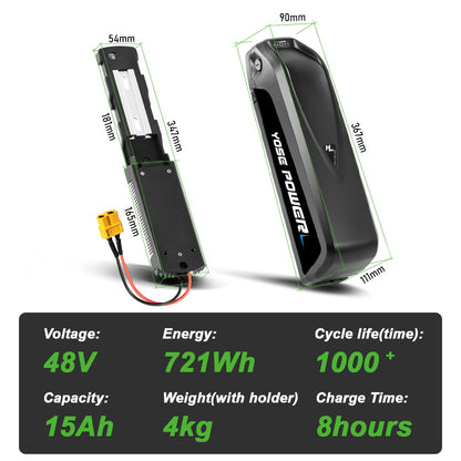 E-Bike Battery 48V 13Ah/15Ah Down Tube 18650 Pedelec Lithium Battery for 250W-750W Motor with USB Port