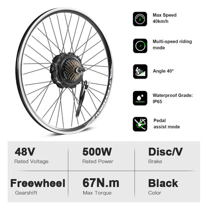 E-Bike Conversion Kit 48V 500W 28'' Rear Motor fit for Freewheel