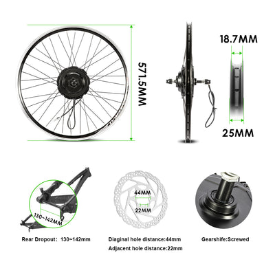 E-Bike Conversion Kit 48V 500W 26'' Rear Motor Fit for Freewheel with 48V13Ah Down Tube Lithium-ion Battery and Charger