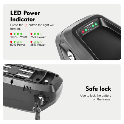 E-Bike Battery 48V 13Ah/15Ah Down Tube 18650 Pedelec Lithium Battery for 250W-750W Motor with USB Port