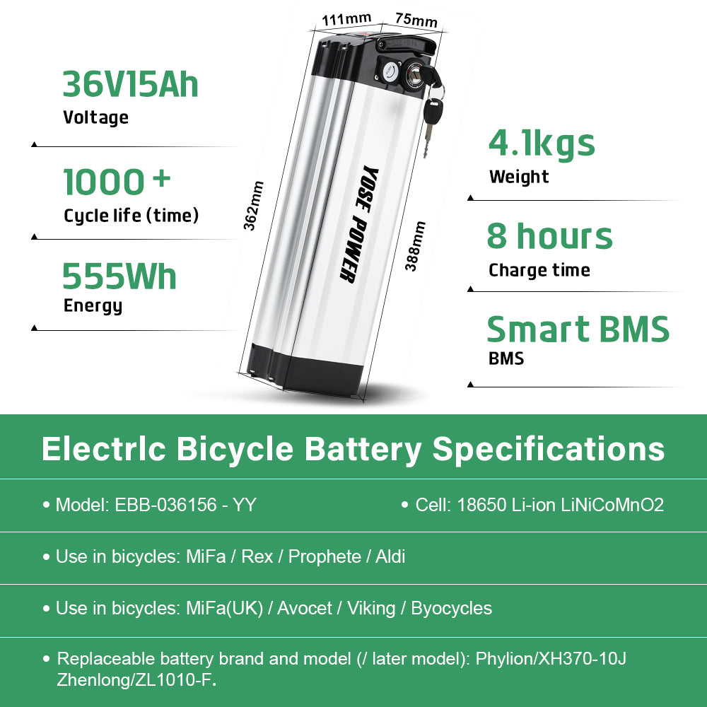 E-Bike Battery 36V 13Ah Silver Fish Seat Tube Lithium Pedelec Battery for 250W-500W Electric Bicycles Folding Bike Mountain Bike Motor