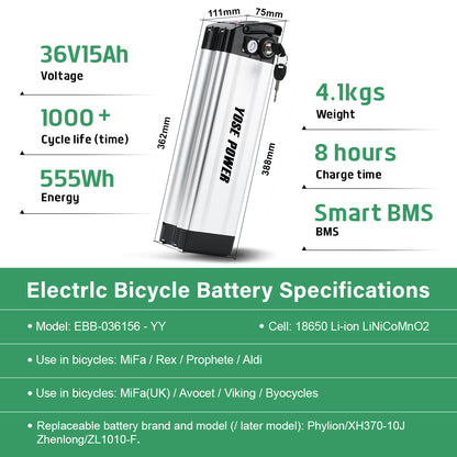 E-Bike Battery 36V 13Ah Silver Fish Seat Tube Lithium Pedelec Battery for 250W-500W Electric Bicycles Folding Bike Mountain Bike Motor