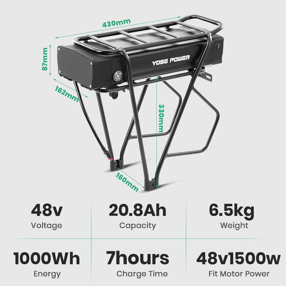 E-Bike Battery 48V 20.8Ah Rear Rack Lithium-ion Pedelec Battery with/without Carrier, for 250W-1500W Electric Bike Motor