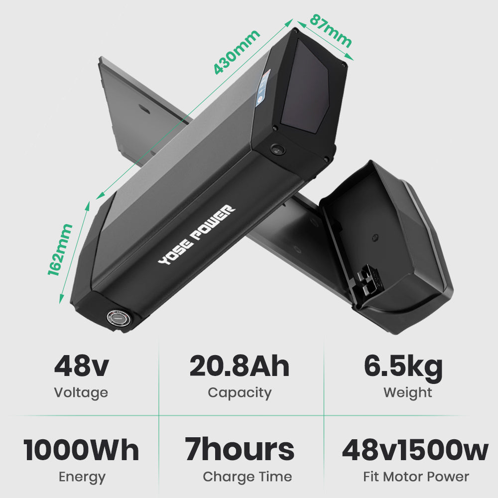 E-Bike Battery 48V 20.8Ah Rear Rack Lithium-ion Pedelec Battery with/without Carrier, for 250W-1500W Electric Bike Motor