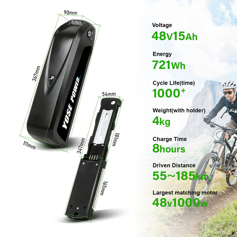 48V 15Ah Down Tube 18650 Lithium-ion Black Pedelec Battery Samsung Cell with USB ,Charger,Key,Discharge Connector  1.Technical Data   Voltage: 48V Capaticy: 15Ah Energy: 721Wh Weight(with holder): ca. 4.2kg Cell: Samsung Cell Cycle Life(time): 1000+ Standard Current: 10A Max Current: 30A Protect Current: 60A End Voltage: 36.4V