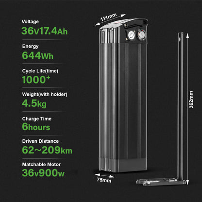 E-Bike Battery 36V 15Ah/17.4Ah Silver Fish in Black Seat Tube Lithium Pedelec Battery for 250W-900W Folding Bike