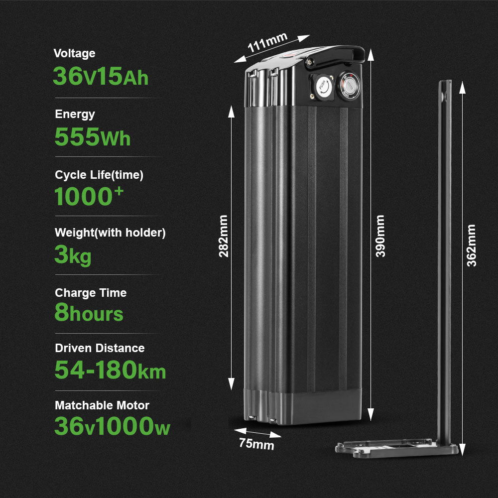 E-Bike Battery 36V 15Ah/17.4Ah Silver Fish in Black Seat Tube Lithium Pedelec Battery for 250W-900W Folding Bike