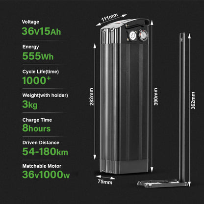 E-Bike Battery 36V 15Ah/17.4Ah Silver Fish in Black Seat Tube Lithium Pedelec Battery for 250W-900W Folding Bike