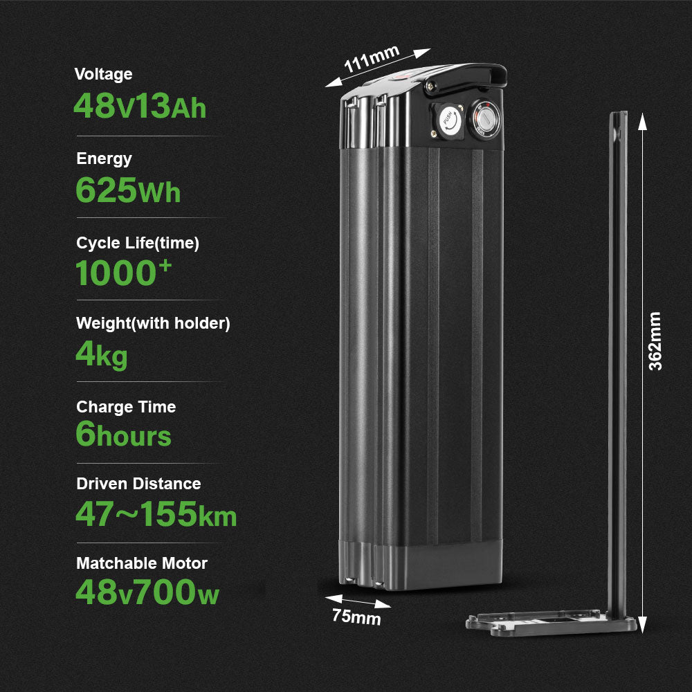 E-Bike Battery 48V 13Ah Silver Fish in Black Seat Tube Lithium Pedelec Battery for 250W-700W Folding Bike