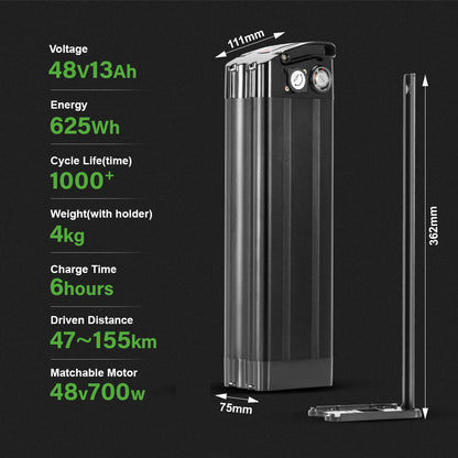 E-Bike Battery 48V 13Ah Silver Fish in Black Seat Tube Lithium Pedelec Battery for 250W-700W Folding Bike