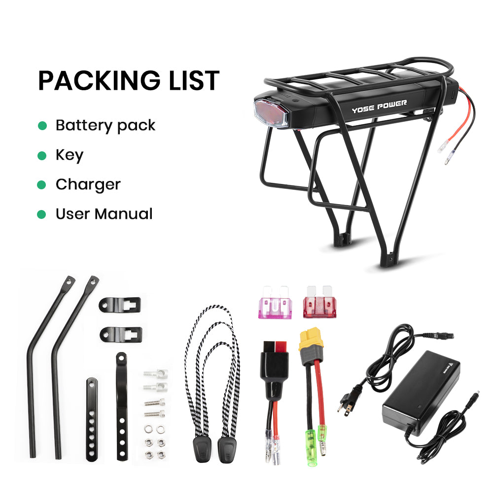 E-Bike Battery 36V 13Ah/17.4Ah Li-ion Battery Taillight with Rear Carrier for 26"-28" Bike with V-Brake and Disc Brake