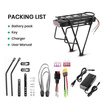 E-Bike Battery 36V 13Ah/17.4Ah Li-ion Battery Taillight with Rear Carrier for 26"-28" Bike with V-Brake and Disc Brake