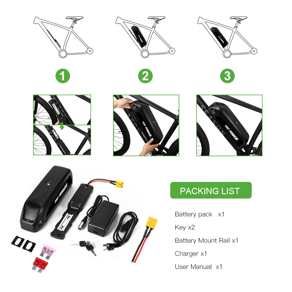 E-Bike Battery 48V 13Ah/15Ah Down Tube 18650 Pedelec Lithium Battery for 250W-750W Motor with USB Port