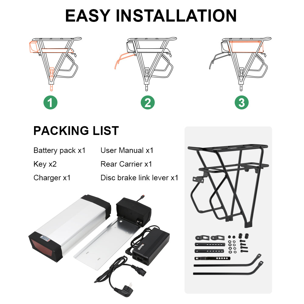 E-Bike Battery 48V 20.8Ah Rear Rack Lithium-ion Pedelec Battery with Carrier, for 250W-1500W Electric Bike Motor, fit 26"-28" Electric Bicycle