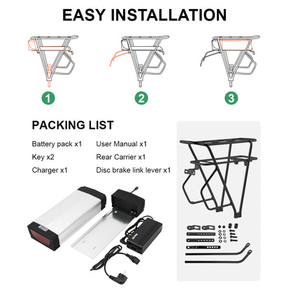 E-Bike Battery 48V 20.8Ah Rear Rack Lithium-ion Pedelec Battery with Carrier, for 250W-1500W Electric Bike Motor, fit 26"-28" Electric Bicycle
