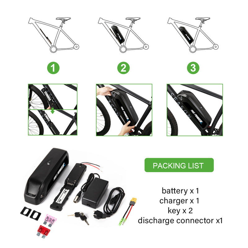 48V 15Ah Down Tube 18650 Lithium-ion Black Pedelec Battery Samsung Cell with USB ,Charger,Key,Discharge Connector  1.Technical Data   Voltage: 48V Capaticy: 15Ah Energy: 721Wh Weight(with holder): ca. 4.2kg Cell: Samsung Cell Cycle Life(time): 1000+ Standard Current: 10A Max Current: 30A Protect Current: 60A End Voltage: 36.4V