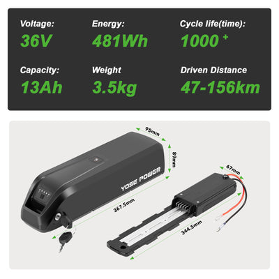 YOSE POWER E-Bike Battery 36V 13Ah Down Tube,5 Pins Plug,fit for Heybik,Jasion EB5
