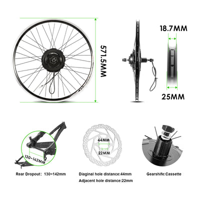 E-Bike Conversion Kit 48V 500W 26'' Rear Motor Fit for Cassette with 48V13Ah Down Tube Lithium-ion Battery and Charger