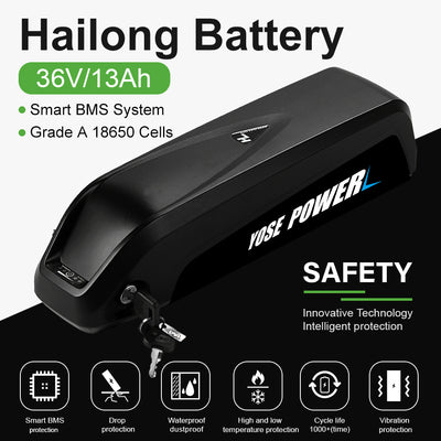 36V 13Ah Down Tube HaiLong 18650 Pedelec Lithium-ion Black Electric Bicycle Battery , 5 Gold-plated Round Plug,with Charger,Key,Discharger Connector