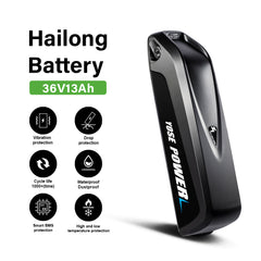 36V 13Ah Down Tube HaiLong 18650 Pedelec Lithium-ion Black Electric  Bicycle Battery, 4Pins Plug and XT60 Adapter ,with Charger,Key,Discharger Connector  1.Technical Data  Voltage: 36V Capacity:  13Ah Discharging plug: 4 Pins Energy:  481Wh Weight(with holder): ca.  3.2kg Cell: High Power 18650 Cycle Life(time): 1000+ Standard Current: 10A Max Current: 20A Protect Current: 50A End Voltage:  28V Charge Voltage: 42V Charge Current: 2A