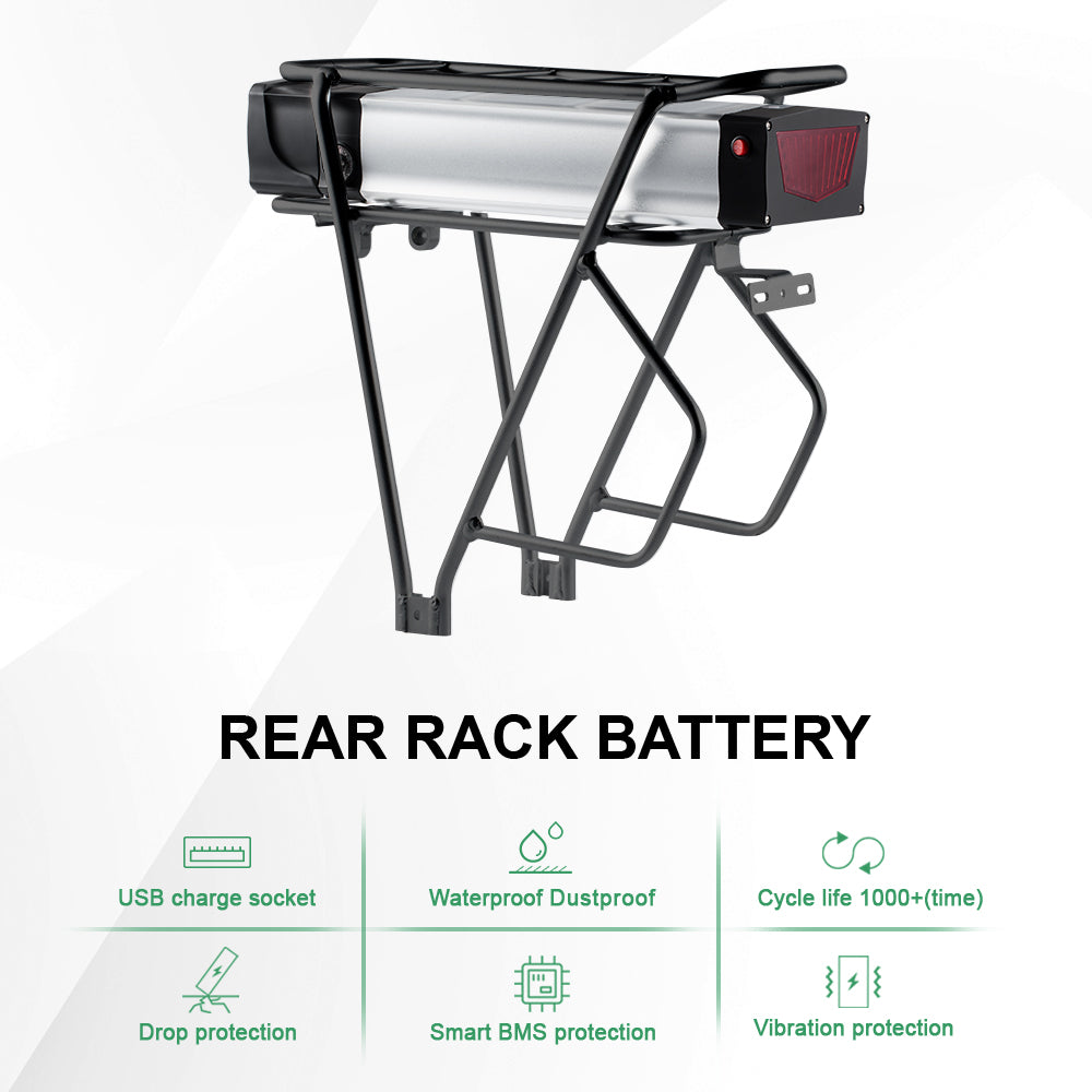 48V 20Ah Lithium Battery with Rear Carrier and USB Fit for 48V1500W Motor Fit for 26"-28" Bike with V-brake Voltage: 48V Capaticy: 20Ah Energy: 962Wh Weight(with holder): ca. 6.5kg Cell: High Power 18650 Cycle Life(time): 1000+ Max Current: 40A Protect Current: 70A End Voltage: 36.4V Charge Voltage: 54.6V Charge Current: 2A