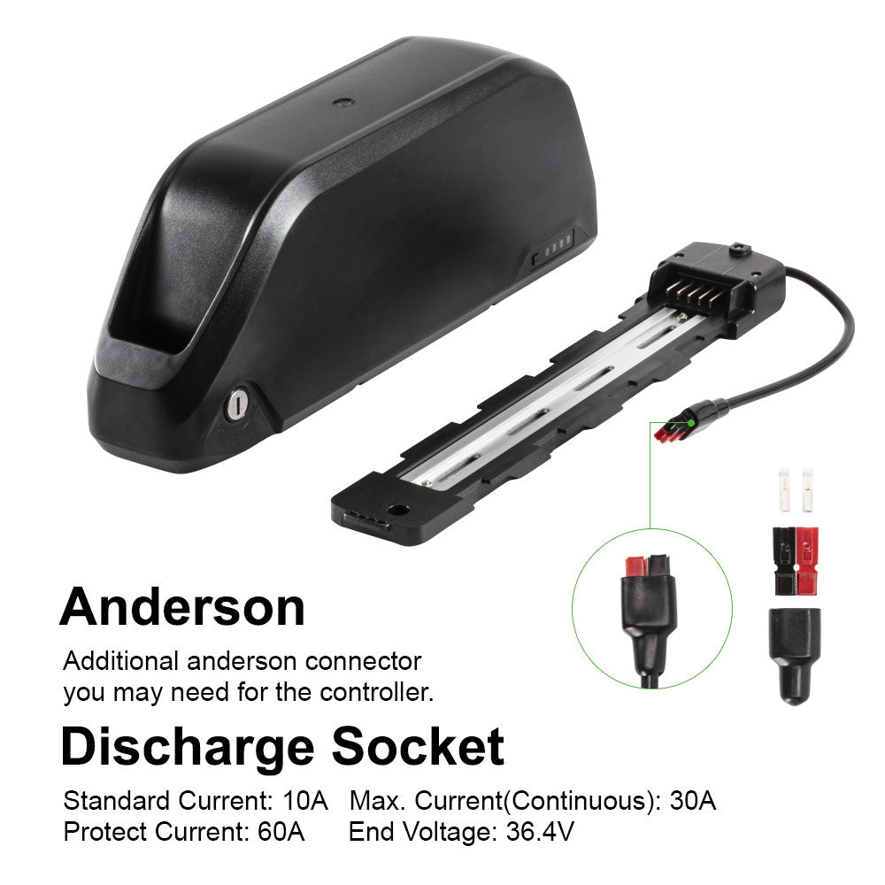 E-Bike Battery 48V 17.4Ah Li-ion Pedelec Battery with Anderson Plug E-Bike Down Tube  for 48V 250W-1200W Motor Kit, with Chager,key,Discharger connector  1.Technical Data  Voltage: 48V Capacity: 17.4Ah Energy: 837Wh Discharging plug: 5 Pins Weight(with holder): ca. 4.7kg Cell: High Power 18650 Cycle Life(time): 1000+ Standard Current: 10A Max Current: 30A Protect Current: 60A End Voltage: 36.4V Charge Voltage: 54.6V Charge Current: 3A