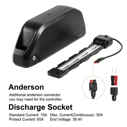 E-Bike Battery 48V 17.4Ah Li-ion Pedelec Battery with Anderson Plug E-Bike Down Tube  for 48V 250W-1200W Motor Kit, with Chager,key,Discharger connector  1.Technical Data  Voltage: 48V Capacity: 17.4Ah Energy: 837Wh Discharging plug: 5 Pins Weight(with holder): ca. 4.7kg Cell: High Power 18650 Cycle Life(time): 1000+ Standard Current: 10A Max Current: 30A Protect Current: 60A End Voltage: 36.4V Charge Voltage: 54.6V Charge Current: 3A