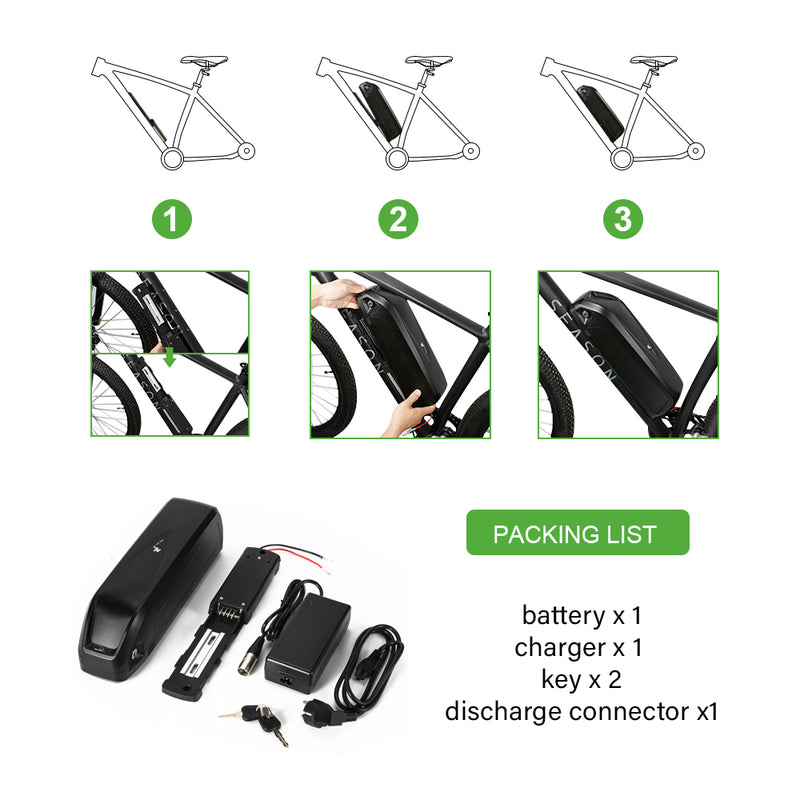 48V 12.5Ah Down Tube 18650 Lithium-ion Black Pedelec Battery with USB ,Charger,Key,Discharger Connector  1.Technical Data   Voltage: 48V Capacity: 12.5Ah Energy: 601Wh Weight(with holder): ca. 4.2kg Cell: High Power 18650 Cycle Life(time): 1000+ Standard Current: 10A Max Current: 30A Protect Current: 50A End Voltage: 36.4V Charge Voltage: 54.6V Charge Current: 2A