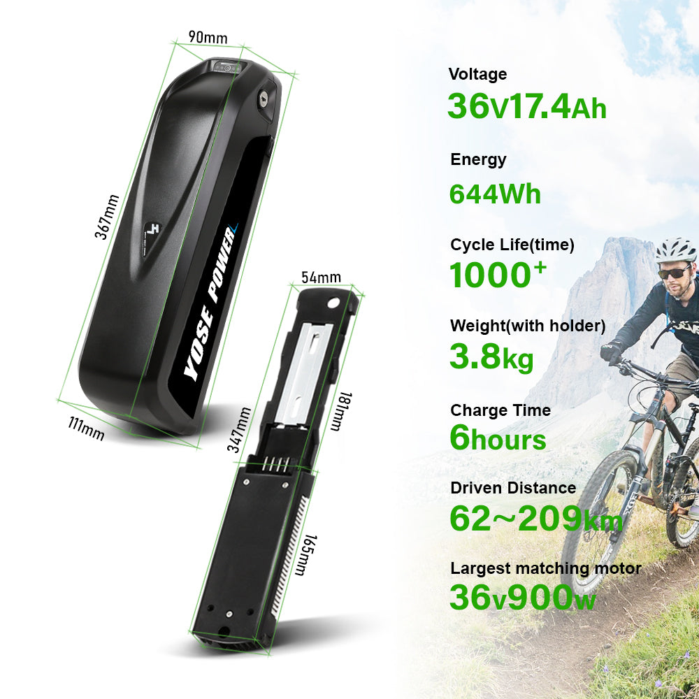 36V17.4Ah Down Tube 18650 Pedelec Lithium-ion Battery, 4Pins Plug and XT60 Adapter , for 250W-900W Motor with USB Port, Charger,Key,Discharger Connector (not same as 36V Hailong Battery)  1.Technical Data  Voltage: 36V  Capacity: 17.4Ah  Energy: 644Wh  Discharging plug: 4 Pins Weight(with holder): 3.8kg Cell: DMEGC-29E Cycle Life(time): 1000+ Standard Current: 10A Max Current: 30A  Protect Current: 60A  End Voltage: 28V  Charging fuse: 10A