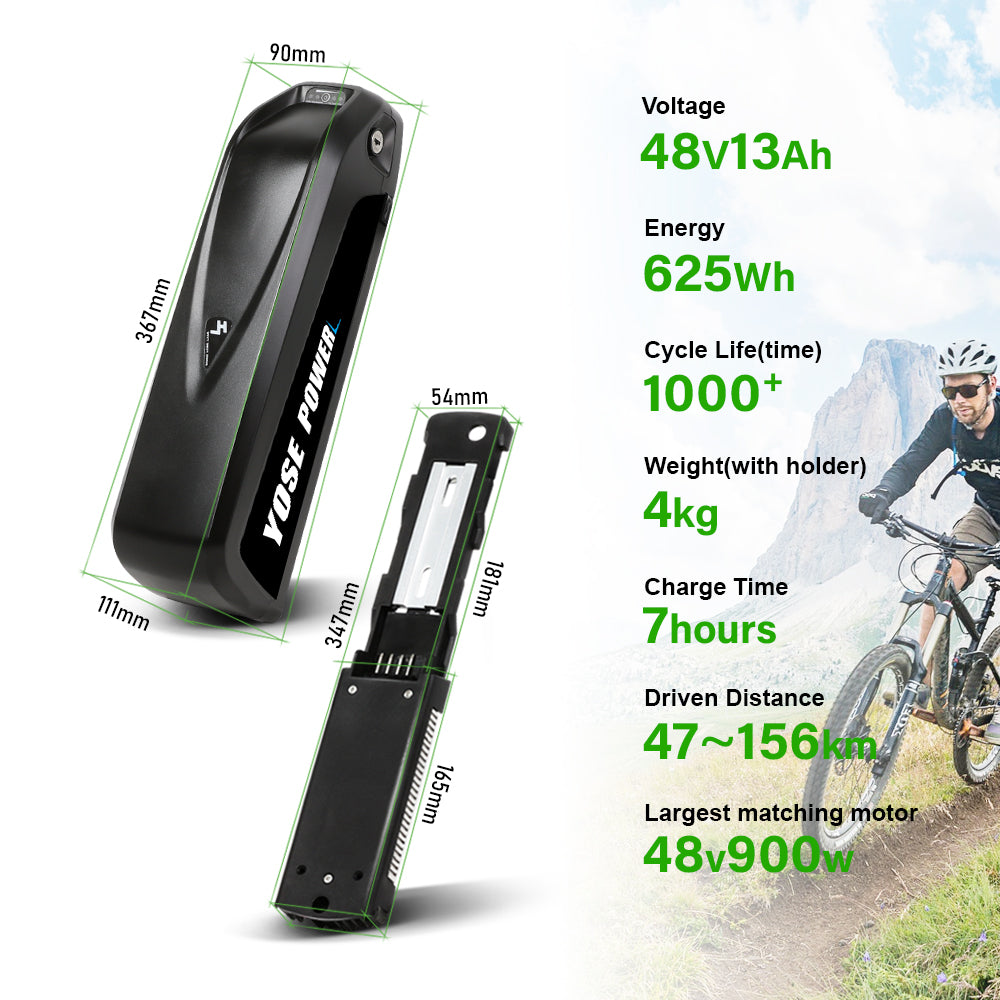 48V 13Ah Down Tube 18650 Lithium-ion Black Pedelec Battery with USB ,Charger,Key,Discharge Connector  1.Technical Data   Voltage: 48V Capaticy: 13Ah Energy: 624Wh Weight(with holder): ca. 4.2kg Cell: High Power 18650 Cycle Life(time): 1000+ Standard Current: 10A Max Current: 30A Protect Current: 50A End Voltage: 36.4V Charge Voltage: 54.6V Charge Current: 2A