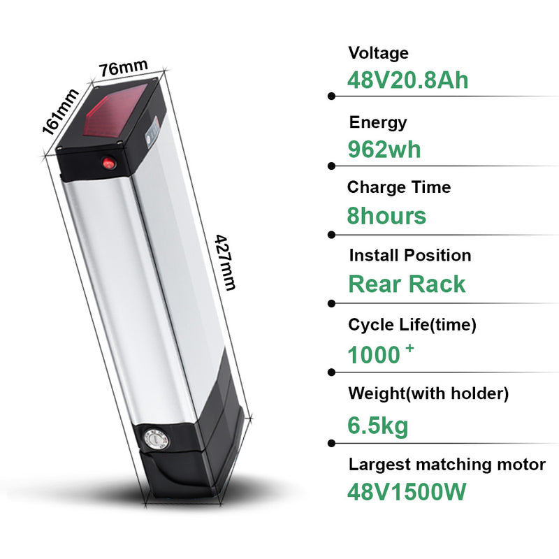 48V 20Ah Lithium Battery with Rear Carrier and USB Fit for 48V1500W Motor Fit for 26"-28" Bike with V-brake Voltage: 48V Capaticy: 20Ah Energy: 962Wh Weight(with holder): ca. 6.5kg Cell: High Power 18650 Cycle Life(time): 1000+ Max Current: 40A Protect Current: 70A End Voltage: 36.4V Charge Voltage: 54.6V Charge Current: 2A