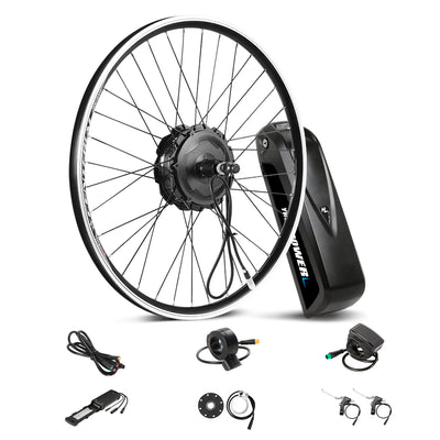 YOSE POWER Ebike Conversion Kit 48V 500W 26'' Rear Hub Motor Wheel and 48V13Ah Down Tube Li-ion Battery Conversion Kit DIY E-bike with Charger,LCD Rear motor with 26" wheel for cassette    48V500W Rear Motor, Installation Width=138mm, Diameter=166mm.         Gearshift: Fit for Cassette Freewheel(8S/9S/10S)  12G black spokes with double wall 26" rim Max Speed: 40km/h  M        Brake:Disc/V  Motor Cable:70cm W/O connector,Julet brand 48V 13Ah Battery x 1: