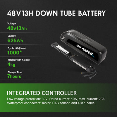 YOSE POWER Ebike Conversion Kit 48V 500W 26'' Rear Hub Motor Wheel and 48V13Ah Down Tube Li-ion Battery Conversion Kit DIY E-bike with Charger,LCD Rear motor with 26" wheel for Freewheel x 1:         48V500W Rear Motor, Installation Width=138mm, Diameter=166mm.         Gearshift: Fit for Screwed Freewheel(6S/7S/8S/9S)         12G black spokes with double wall 26" rim         Max Speed: 40km/h         Max Torque:67N.m         Brake:Disc/V    Motor Cable:70cm W/O connector,Julet brand 48V 13Ah Battery 