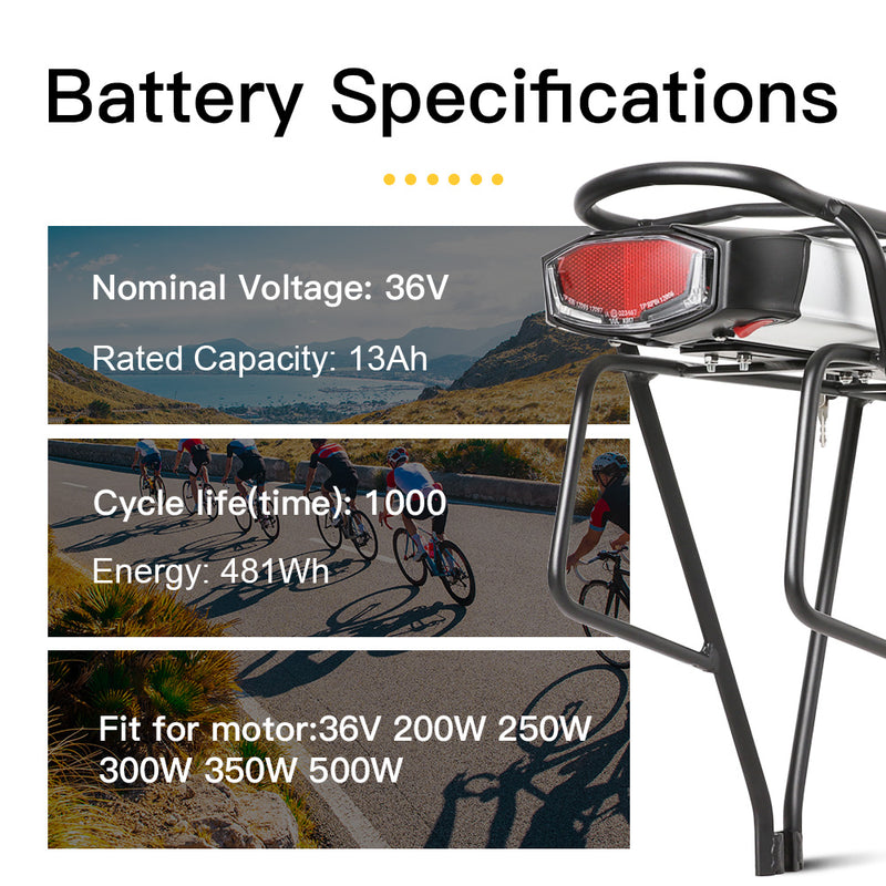 36V 13Ah Lithium Battery with Rear Carrier Fit for 36V 250W-750W Motor 26"-28" Bike only Fit V-Brakes  1.Technical Data  Voltage: 36V  Capacity: 13Ah  Energy: 481Wh  Weight(with holder): ca. 7.1kg  Cell: High Power 18650 Cycle Life(time): 1000+ Max Current: 40A Protect Current: 50A End Voltage: 28V  Charge Voltage: 42V Charge Current: 2A 