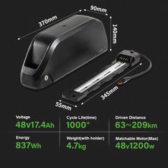 E-Bike Battery 48V 17.4Ah Li-ion Pedelec Battery with Anderson Plug E-Bike Down Tube  for 48V 250W-1200W Motor Kit, with Chager,key,Discharger connector  1.Technical Data  Voltage: 48V Capacity: 17.4Ah Energy: 837Wh Discharging plug: 5 Pins Weight(with holder): ca. 4.7kg Cell: High Power 18650 Cycle Life(time): 1000+ Standard Current: 10A Max Current: 30A Protect Current: 60A End Voltage: 36.4V Charge Voltage: 54.6V Charge Current: 3A