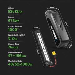 E-Bike Battery 52V 13Ah Li-ion Pedelec HaiLong G70 with 5 Pins Plug E-Bike Down Tube Battery for 52V 250W-1200W Motor Kit, with Chager,key,Discharger connector 1.Technical Data Voltage: 52V Capacity: 13Ah Energy: 673Wh Discharging plug: 5 Pins Weight(with holder): ca. 5.2kg Cell: EMEGC-26E Cycle Life(times): 1000+ Standard Current: 10A Max Current: 30A Protect Current: 60A End Voltage: 39.2V Charge Voltage: 58.8V Charge Current: 2A