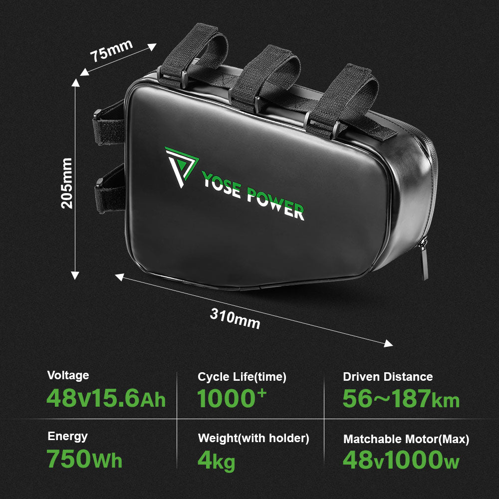  48V 15.6Ah 18650 Lithium ion Triangle Pedelec Battery Pack for Tripod batteria with Charger  1.Technical Data  Voltage: 48V  Capacity: 15.6Ah Energy:  750Wh Weight(with holder): ca. 4kg Cell: High Power 18650 Cycle Life(time): 1000+ Max Current: 30A Protect Current: 60A End Voltage: 36.4V Charge Voltage: 54.6V Charge Current: 2A 